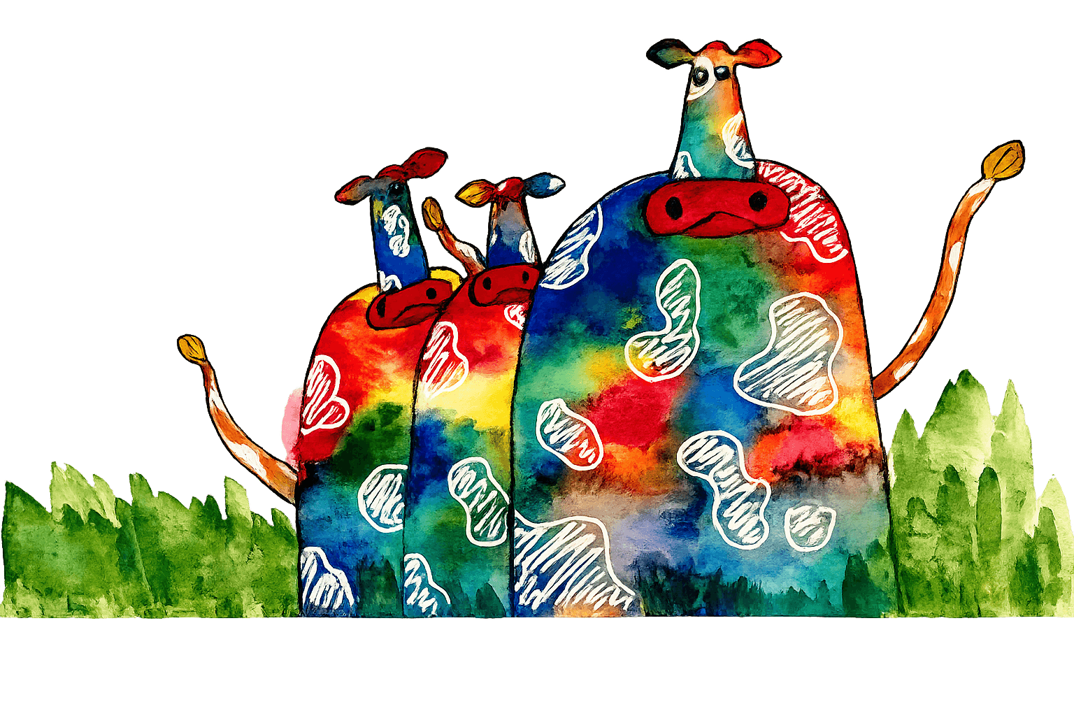Colorful watercolor painting of three cows in a meadow by Saoirse